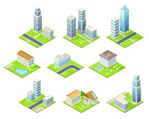 Isometric Cityscape with Skyscraper and Suburban Houses on Green Lawn Vector Set