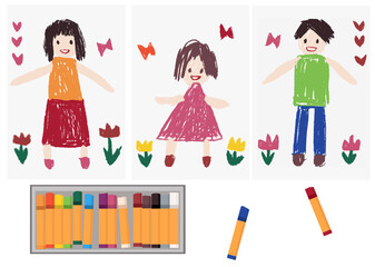 クレヨンで子供が描いたような家族の絵のセット（父・母の日や絵画コンクール、ステイホーム等に）
