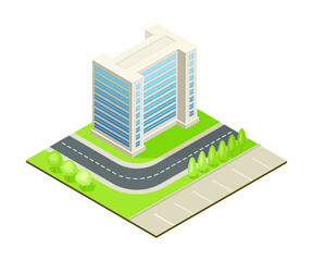 Isometric Cityscape with Apartment Block or Multistory Structure on Green Lawn Vector Illustration
