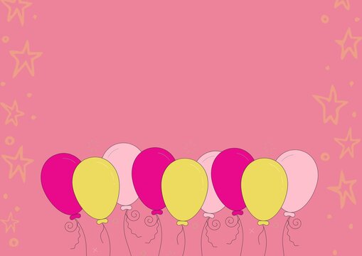 Digital generated image of multiple colorful balloons against against stars on pink background