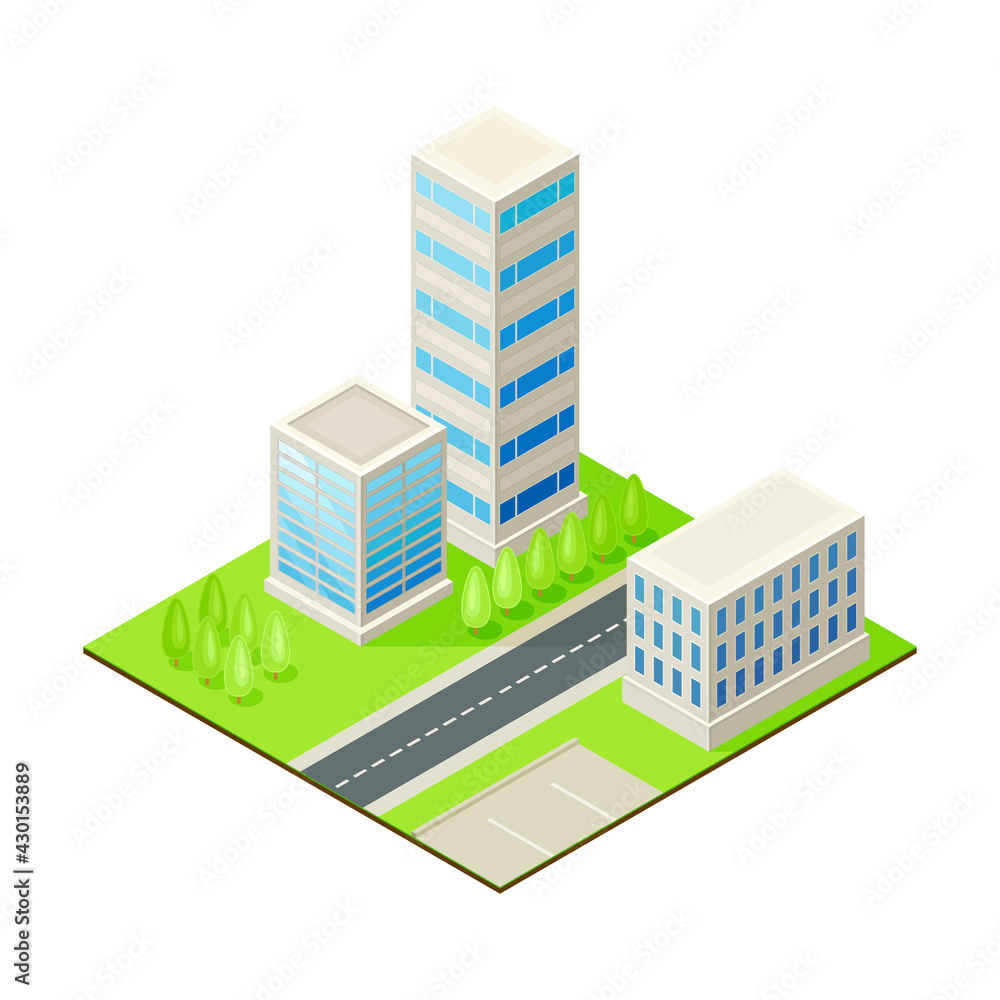 Canvas Prints isometric cityscape with apartment block or multistory structure on green lawn vector illustration