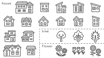家と木と花のアイコンセット(手書き風線画)分類バージョン