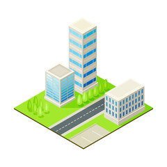 Isometric Cityscape with Apartment Block or Multistory Structure on Green Lawn Vector Illustration