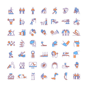 Artificial limbs RGB color icons set. Medical device. Rehabilitation. Sports-specific prosthesis. Extremity amputation. Performing natural motions. Dynamic testing. Isolated vector illustrations