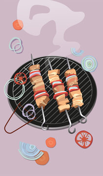 Grilled meat with onions and carrots. Vector.