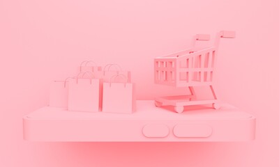 Mobile phone with shopping trolley and packages on pink background. 3d rendering
