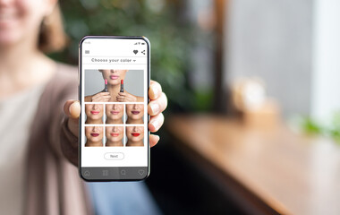 Augmented Reality Beauty App. Lady Trying Different Lipstick Color Online