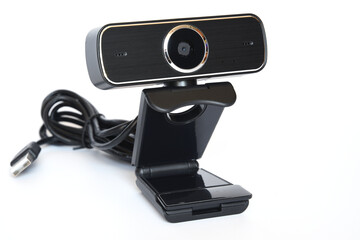 Black computer webcam isolated on white background