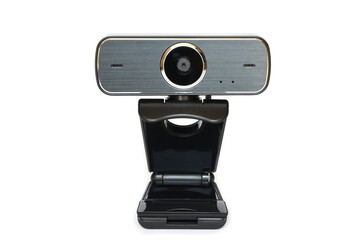 Black computer webcam isolated on white background