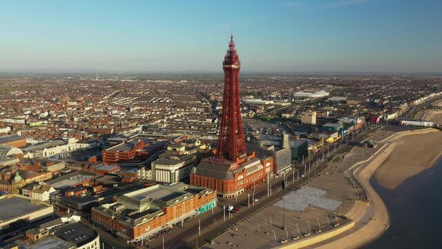 4K: Aerial Drone Video of The Blackpool Tower, England, UK. Circling around the famous landmark. Stock Video Clip Footage