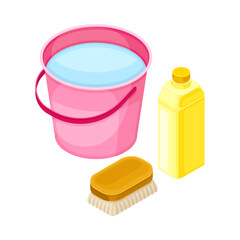 Household Cleaning Equipments with Bucket Full with Water and Detergent Isometric Vector Composition