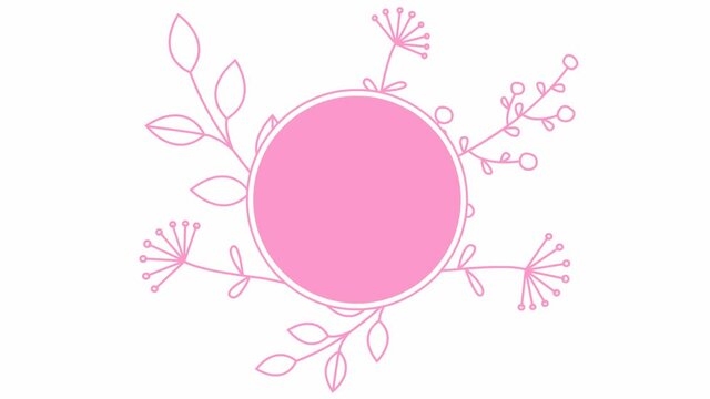 Animated abstract modern banner with pink branch of leaf and flower. Circle black frame with copy space. Looped video. Flat vector illustration isolated on white background.
