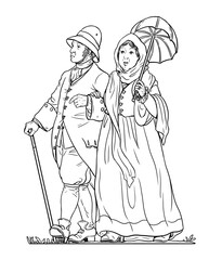 Landlord and his wife out for a walk. Baron and his entourage. Digital illustration.	
