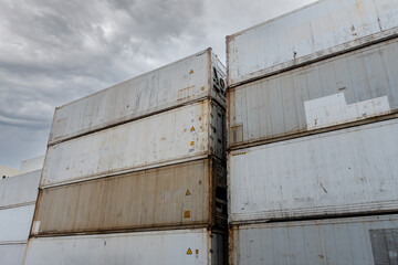Old Rust White Container wall in Cargo container yard close up in Front view