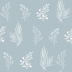 Fototapeta na wymiar Seamless isolated silhouette pattern of tree branches with leaves. White and blue. Botanical illustration. Design of wallpaper, fabrics, textiles, packaging, posters, postcards, wedding design. 