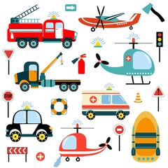 Bright set of hand-drawn cars - rescuers. Illustration for children. Flat style. White background, isolate. Vector illustration.	
