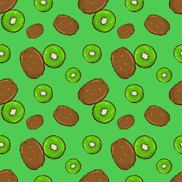 Fruit pattern. Ripe kiwi on a green background. Seamless vector background.