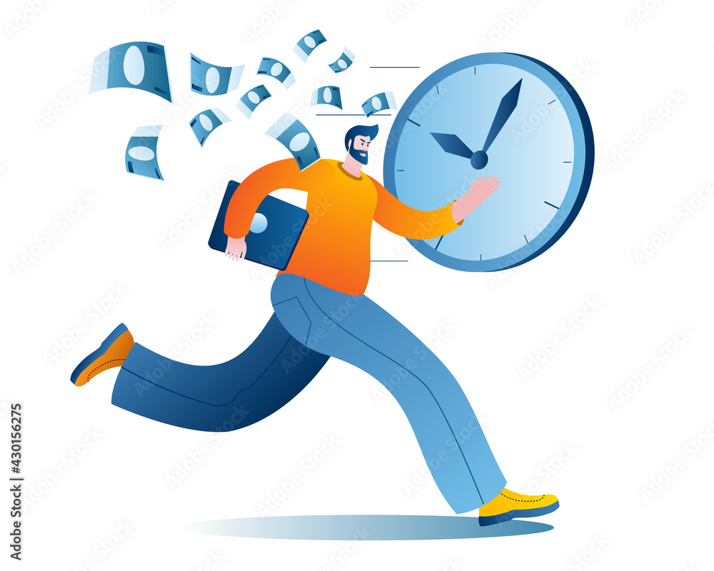 Aufkleber a man with a laptop is running fast. vector illustration in a flat style on the theme of time manage