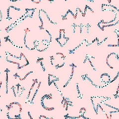 Seamless pattern with colorful abstract illustrations of hand drawn arrows and direction pointers on white