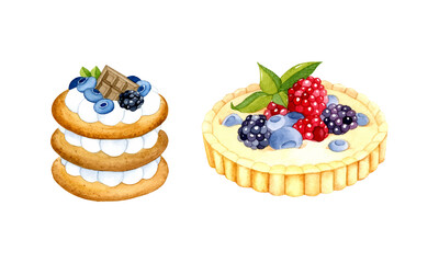 Berry cake and custard tartlet watercolor elements isolated