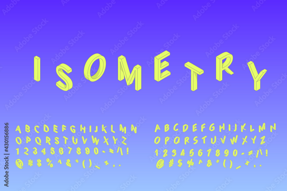 Fototapete isometric 3d font in 2 variations of yellow color with light shadows, alphabet with numbers and symb