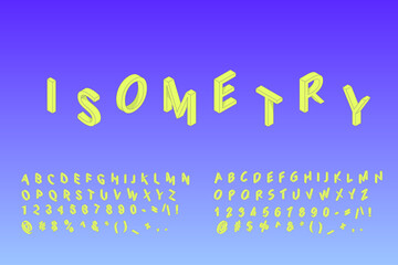 Isometric 3d font in 2 variations of yellow color with light shadows, alphabet with numbers and symbols
