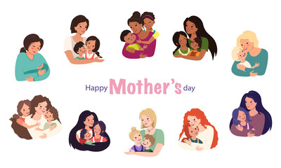 Family avatars set. Mom hugs the children. Happy mater day. Smiling faces of caring and loving people. Cheerful people of different nationalities. Parent with boy, girl and baby