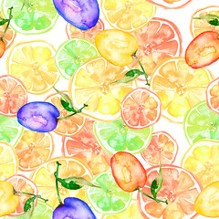 seamless pattern with watercolors - from tropical fruit, citrus spray, lemon, orange, lime, grapefruit paint splash. plum, cherry plum. Bright fashionable background. Citrus Tropical Fruit Watercolor