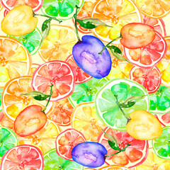seamless pattern with watercolors - from tropical fruit, citrus spray, lemon, orange, lime, grapefruit paint splash. plum, cherry plum. Bright fashionable background. Citrus Tropical Fruit Watercolor