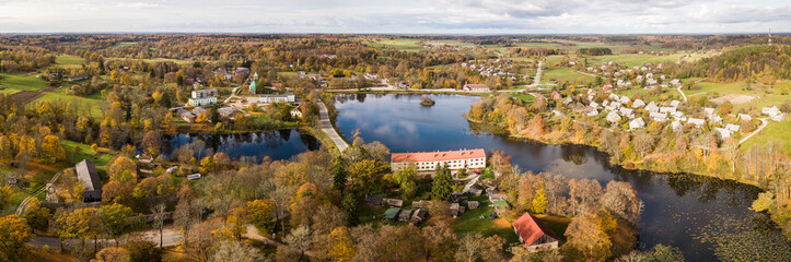 Fototapeta na wymiar Aerial view of Edole village in sunny autumn day, Latvia. 