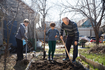 multi generational family work together in the garden and open the beds with a shovel near the house. slow life. enjoy the little things. 