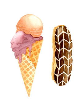 Ice Cream And Chocolate Eclair Watercolor Elements Isolated