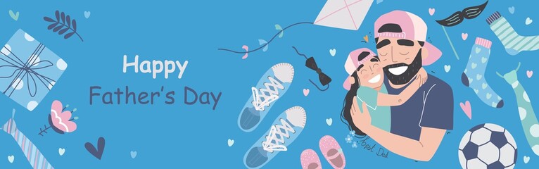 Fathers day vector illustration set in modern style. Fathers Day poster or banner template with necktie and gift box on blue background. Vector promotional template.