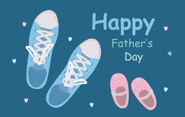 Fathers Day poster or banner template with dads sneakers and little shoes for daughters on blue background. Vector promotional template.