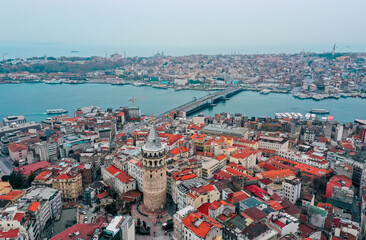 Obraz premium Turkey, Istanbul, Galata tower, evening city view.