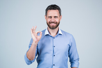 handsome smiling bearded businessman in shirt show ok gesture, success