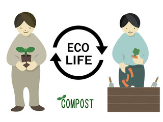 エコを意識した、コンポストと植物・食物の連鎖を分かりやすくイメージした手描きイラスト（食べ物の廃棄部分をコンポストで堆肥としてリサイクルを行い、有機土を使った野菜・食べ物を育てることを矢印で表現）