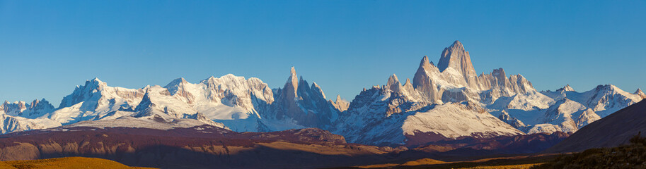 Panoramic view on the Fitzroy mountain range with the peaks of Cerro Fitzroy, Cerro Torre and Cerro Grande