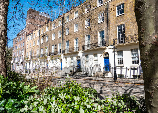 Georgian terraced town houses, London. A bright spring view of a row of typical London town houses on a quiet street without traffic or parked cars.