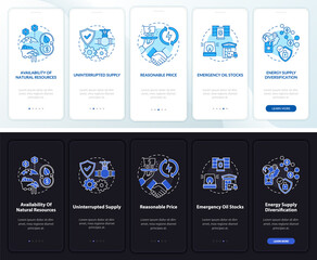 Energy safety units onboarding mobile app page screen with concepts. Reasonable price walkthrough 5 steps graphic instructions. UI, UX, GUI vector template with linear night and day mode illustrations