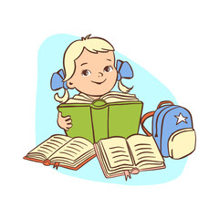 Girl reads a lot, happy, preparing for school, education, illustration