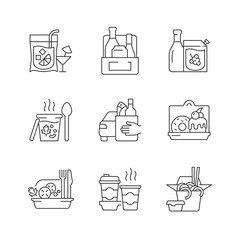 Fototapeta premium Pickup and delivery option linear icons set. Slushy drinks. Wine, beer, spirits. Thick, creamy soups. Customizable thin line contour symbols. Isolated vector outline illustrations. Editable stroke