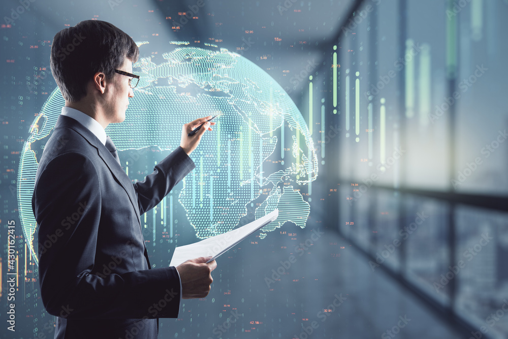 Aufkleber Financial market analysis concept with trader writing on digital screen with world map and growing financial chart