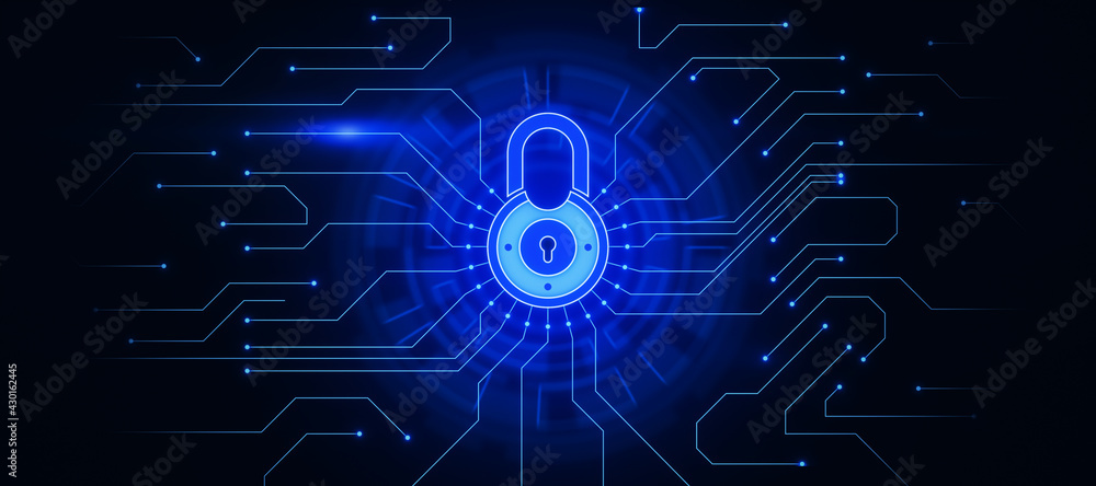 Poster Information protection concept with perspective view on digital lock icon with colorful lines on abstract dark wall