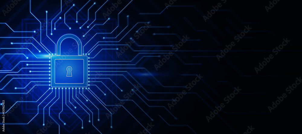 Poster Blank dark wallpaper with digital lock and circuit. 3D rendering, mock up
