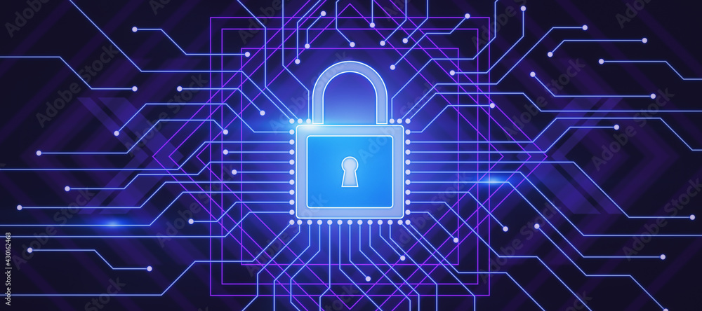 Poster Cyber security concept with digital glowing lock icon and microcircuit on dark background
