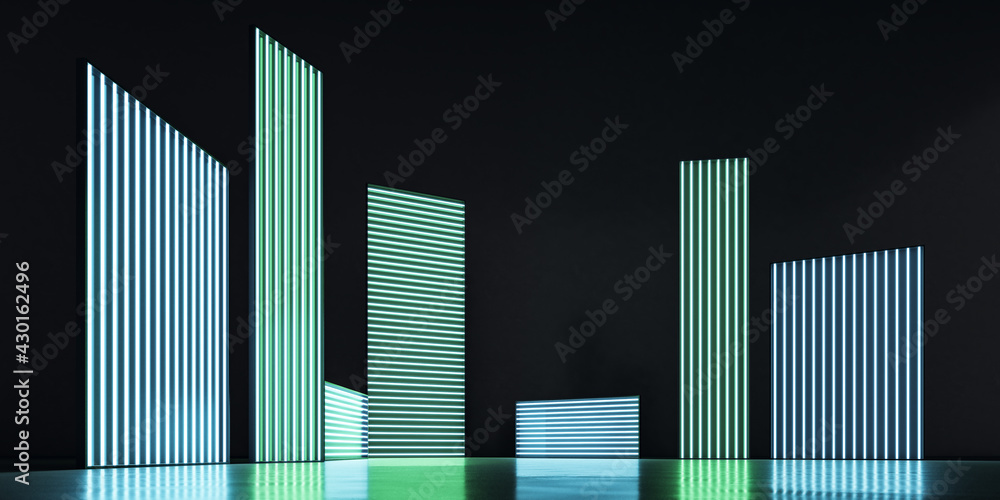 Poster Green and blue neon light bars of different height in an empty dark space. Modern exhibition and installation concept, 3d rendering