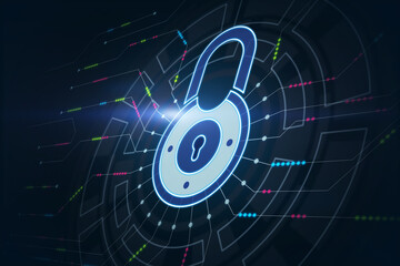 Global network security concept with digital glowing round lock symbol and colorful technological elements on abstract dark backdrop © Who is Danny