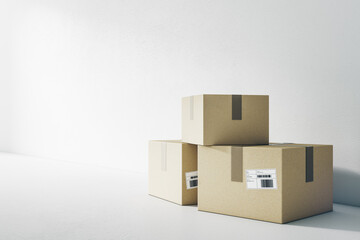 Delivery service concept with cardboard boxes on the floor at blank light wall background. 3D rendering, mockup