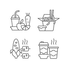 Takeaway and delivery option linear icons set. Fresh juice. Chinese food. Boiled, grilled corn. Coffee. Customizable thin line contour symbols. Isolated vector outline illustrations. Editable stroke